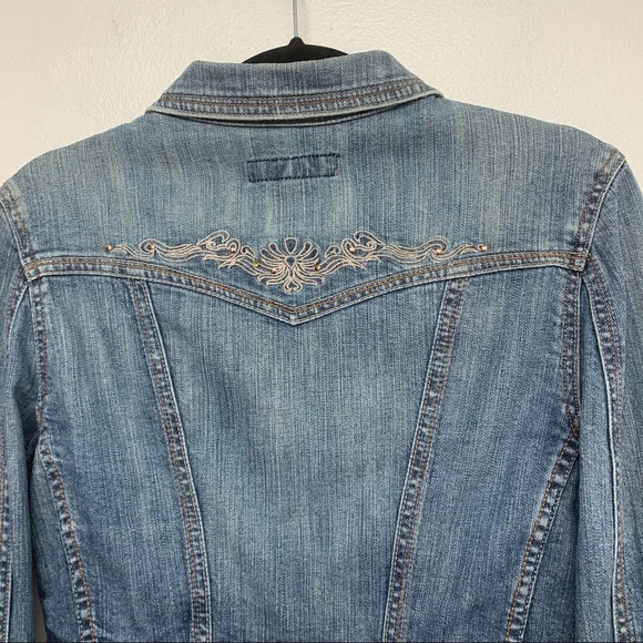 Crop Denim Jacket Woman Medium Y2K Blue Embroidery Beads Boho Western Paris Blue - Picture 4 of 9